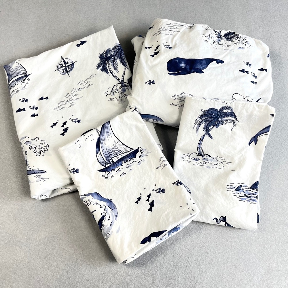 Pottery Barn Kids Surf Vibes Full Sheet Set Navy White Organic Cotton Nautical